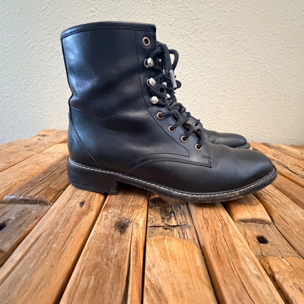 Woolrich Combat Boots Size 7 Black Leather Lace Up Wool Lined WW1006-010